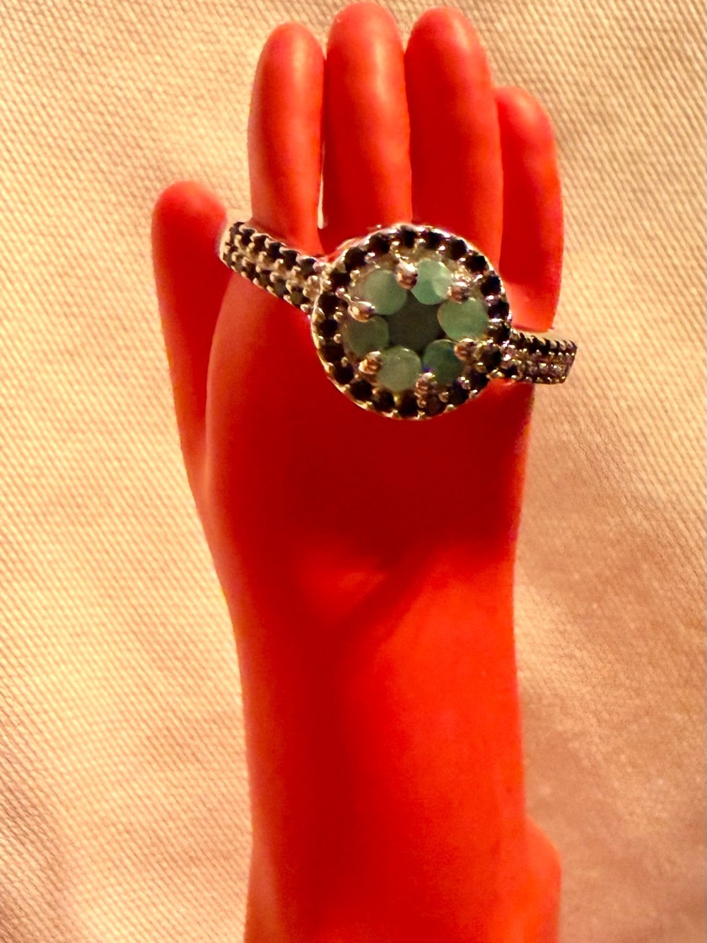 Genuine Emerald and Black Spinel .925 Sterling Silver ring, size 6.5-7